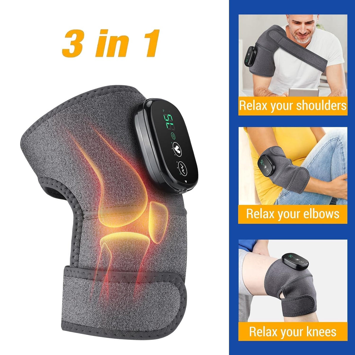 Cordless Heated Knee Massager with Heat & Vibration, 3 Heat Levels & 3 Vibration Modes, 5000Mah USB-C Rechargeable, Adjustable Wrap for Knee, Shoulder, Elbow