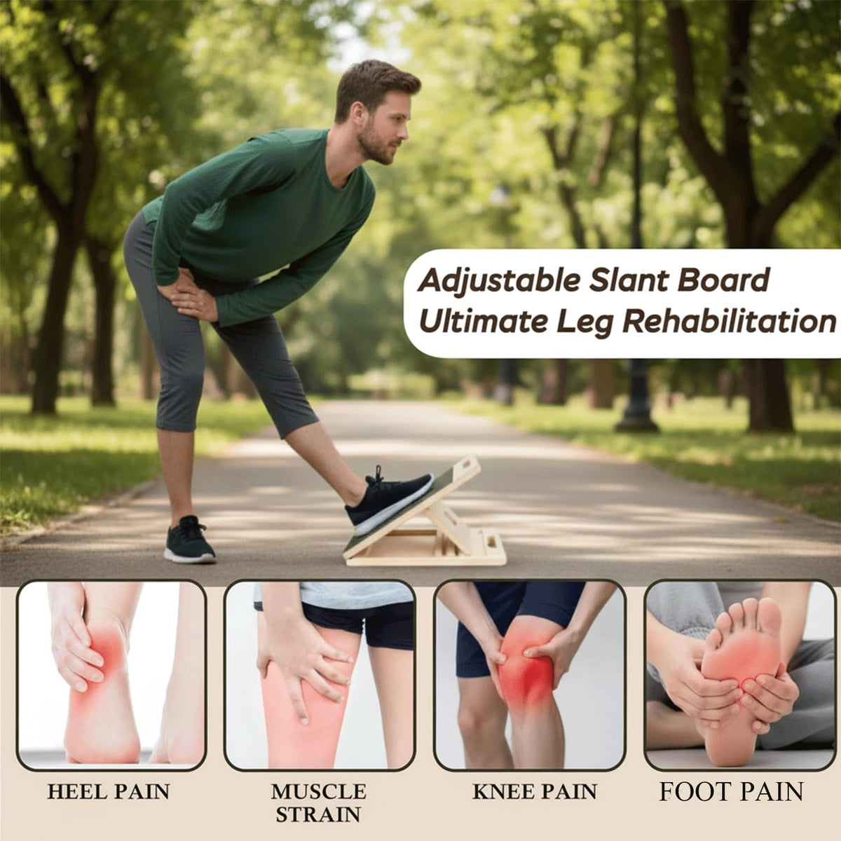 Adjustable Wooden Slant Board for Calf Stretching with Resistance Band, Fitness Ball, and Training Poster - Physical Therapy Equipment for Leg Training