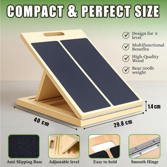 Adjustable Wooden Slant Board for Calf Stretching with Resistance Band, Fitness Ball, and Training Poster - Physical Therapy Equipment for Leg Training