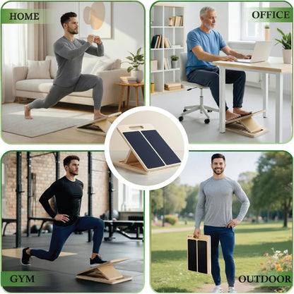 Adjustable Wooden Slant Board for Calf Stretching with Resistance Band, Fitness Ball, and Training Poster - Physical Therapy Equipment for Leg Training