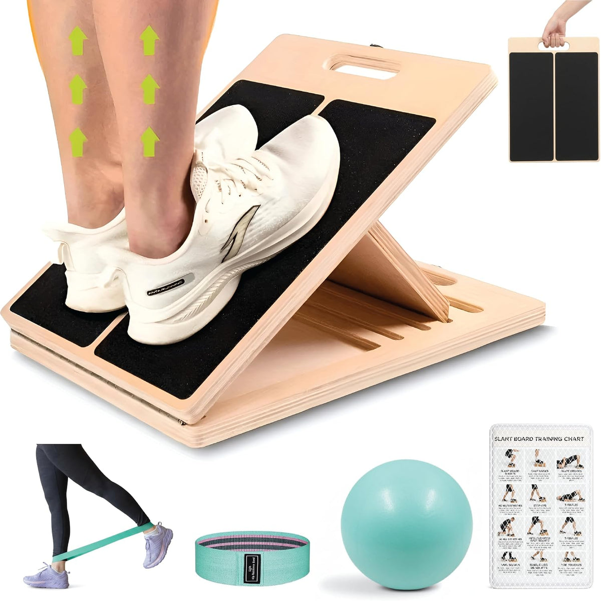 Adjustable Wooden Slant Board for Calf Stretching with Resistance Band, Fitness Ball, and Training Poster - Physical Therapy Equipment for Leg Training