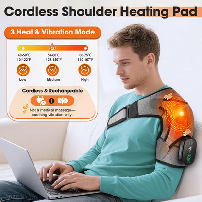 Cordless Shoulder Massager, Heated Shoulder Wrap with Vibration, Electric Shoulder Heating Pads, Heated Shoulder Braces with 3 Heating Setting, Left Right Shoulder Massage for Men Women