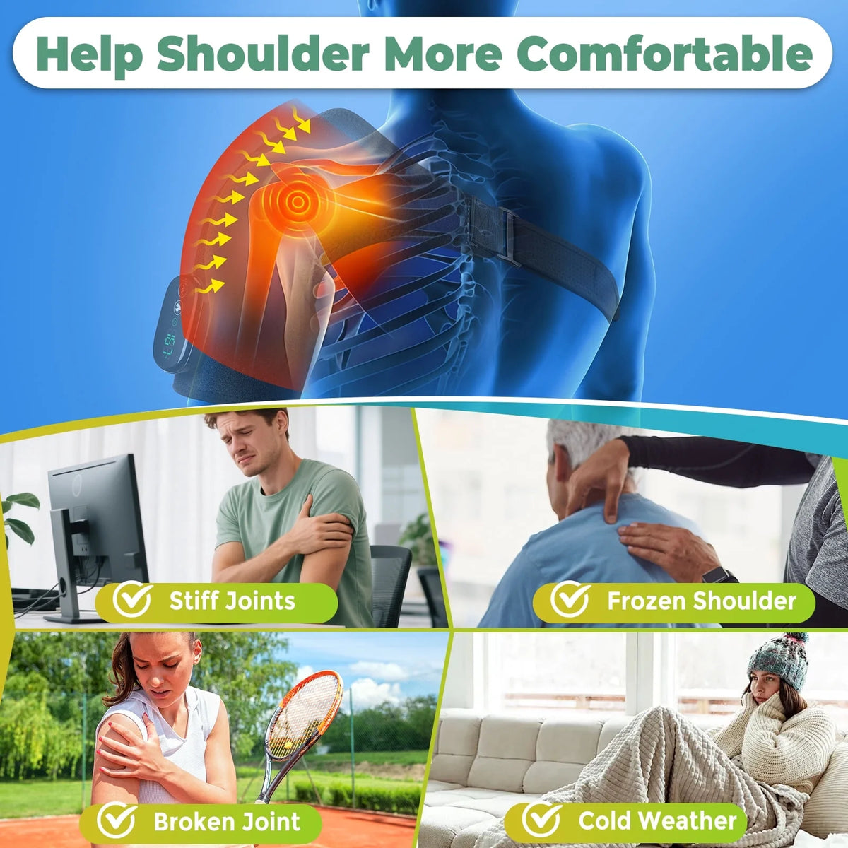 Cordless Shoulder Massager, Heated Shoulder Wrap with Vibration, Electric Shoulder Heating Pads, Heated Shoulder Braces with 3 Heating Setting, Left Right Shoulder Massage for Men Women